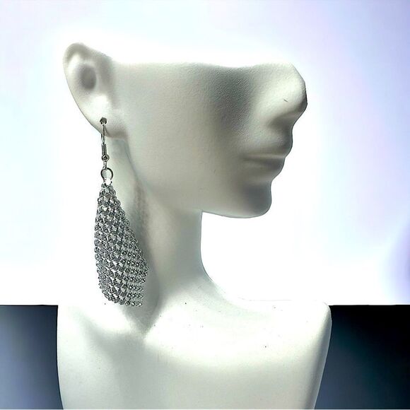 Silver Mesh Earrings l 3” l Hook l New - Picture 1 of 7